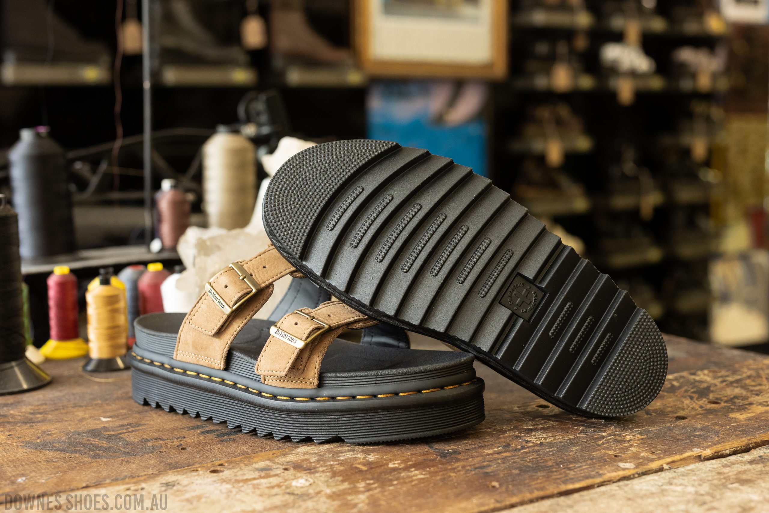 Myles Savannah Tan Tumbled Nubuck Slide — Downes