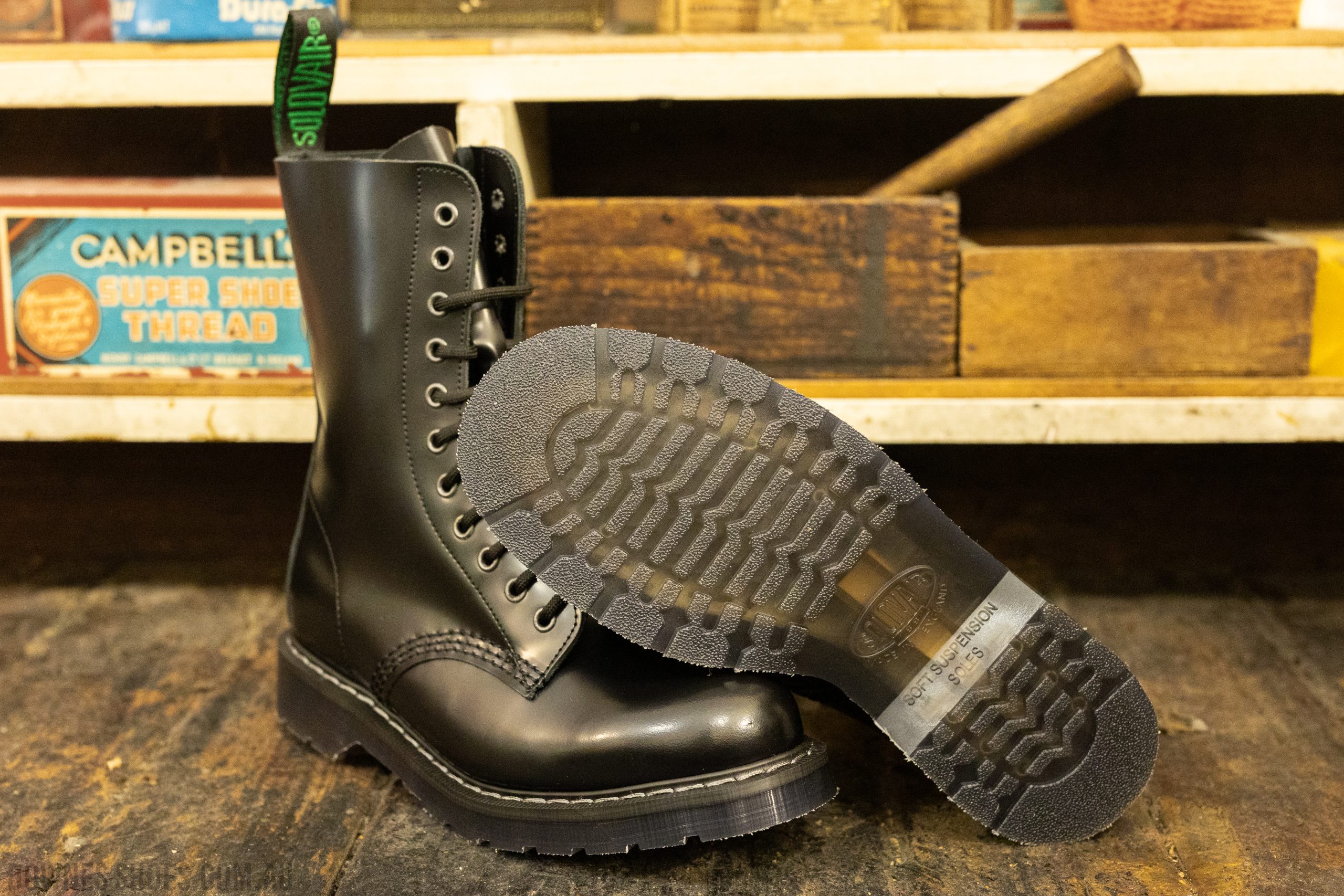 Solovair 11-Eye Derby Boot Black Hi-Shine