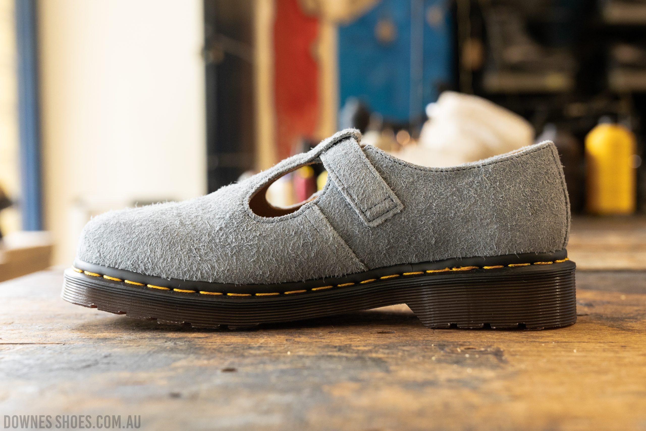 T-Bar Washed Denim Long Napped Suede Mary Jane