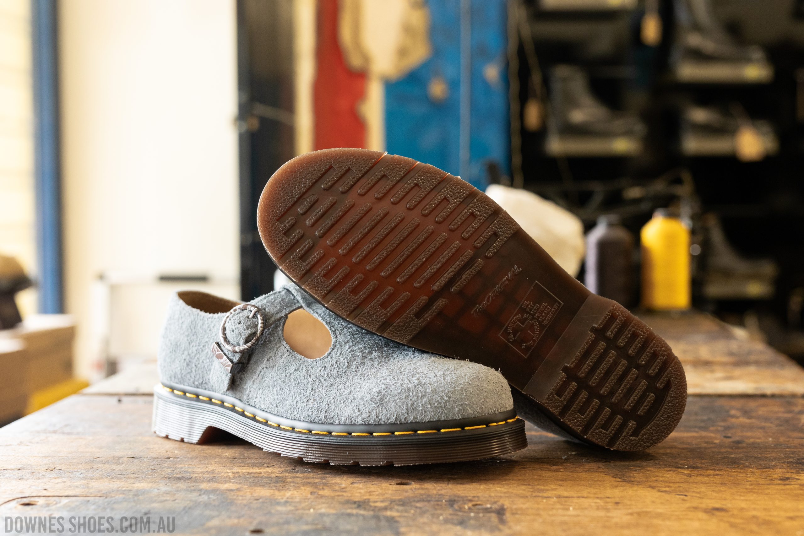 T-Bar Washed Denim Long Napped Suede Mary Jane