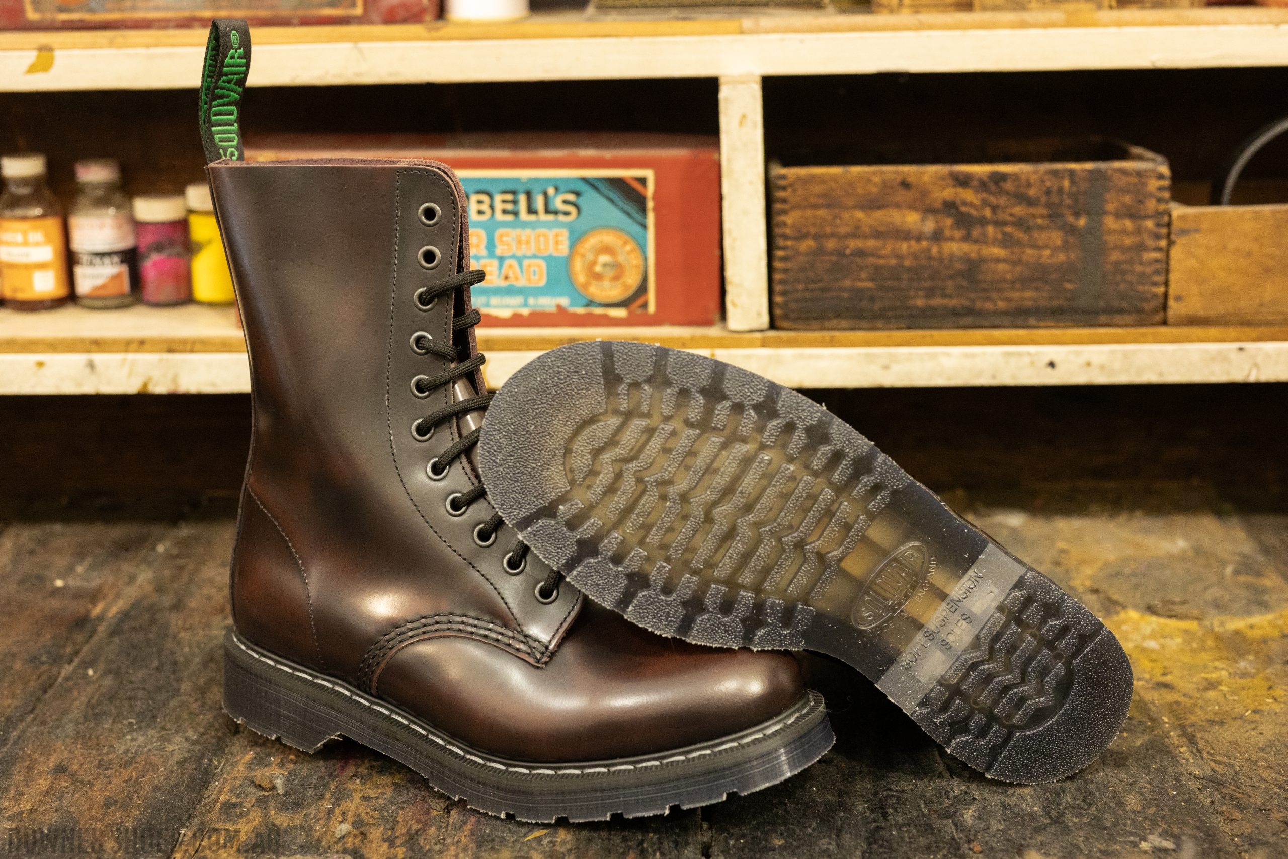 Solovair 11-Eye Derby Burgundy Rub-Off