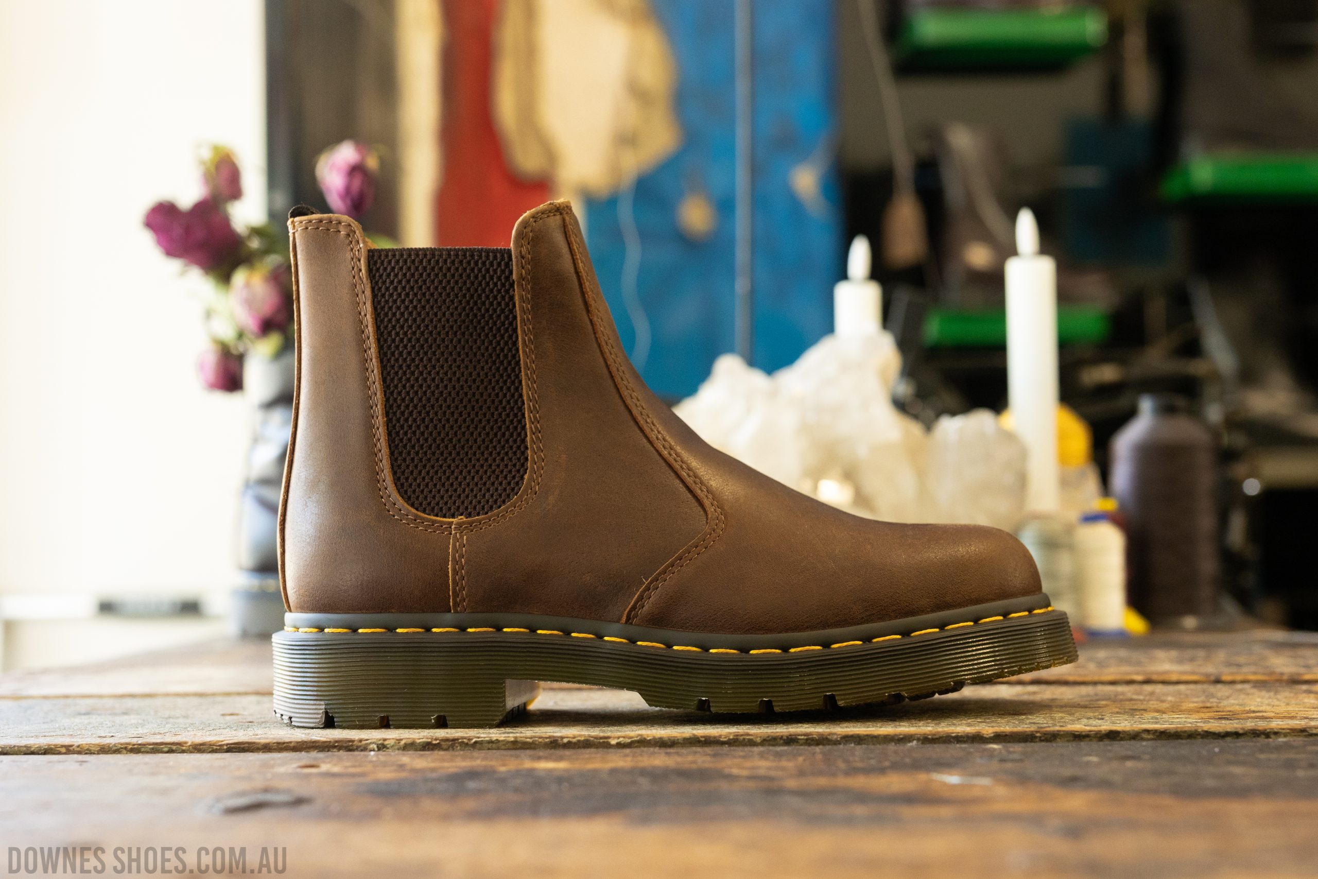 Chelsea Boots Doc Martens Khaki Boots 2976 Slip Resistant Dark Tan