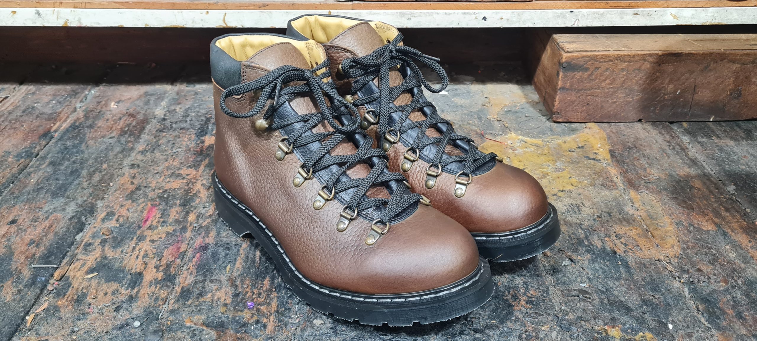 Solovair hiking boots in gaucho brown grain leather showing wear patterns and durability after trail testing