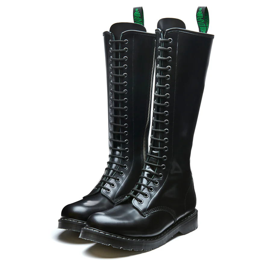 Black Hi-Shine 20 Eye Zip Derby Boot Solovair