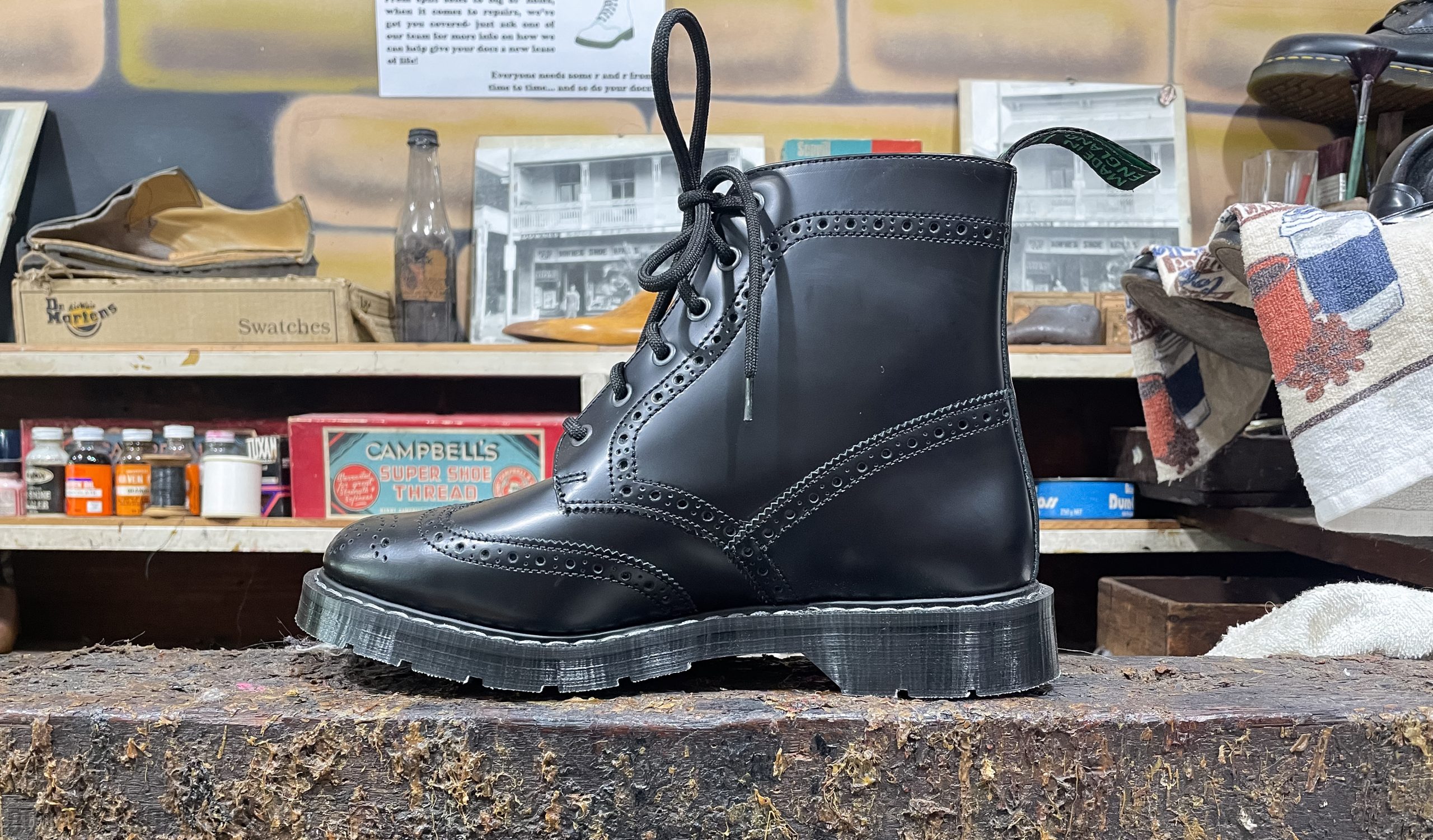 Solovair Black Hi-Shine 6 Eye Derby Brogue Boot