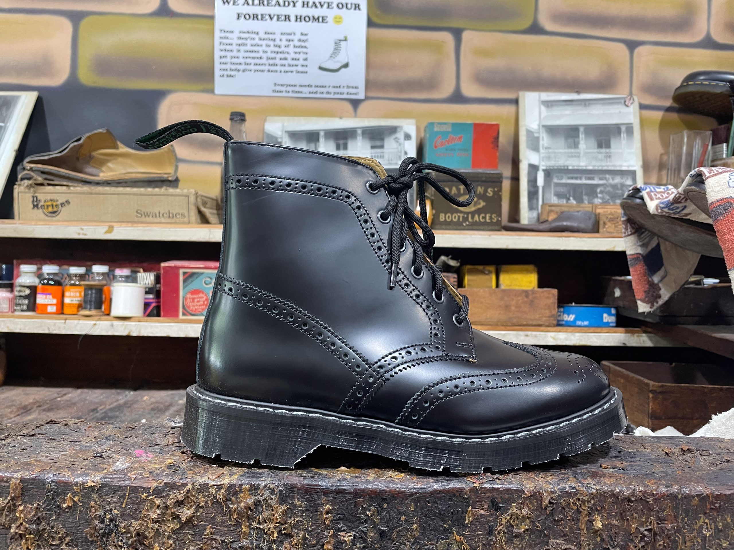 Solovair Black Hi-Shine 6 Eye Derby Brogue Boot