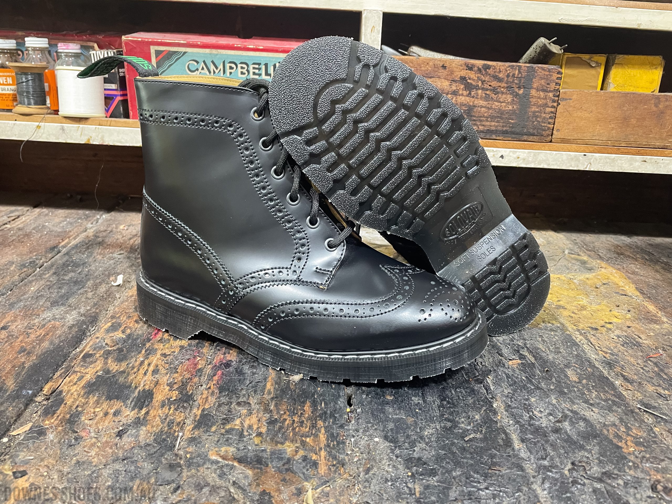 Solovair Black Hi-Shine 6 Eye Derby Brogue Boot